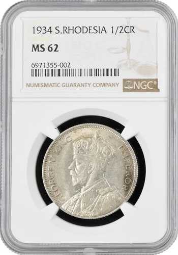 南ローデシア 1/2クラウン 1934年、NGC MS62、「イギリス植民地（1932年 - 1955年）」
