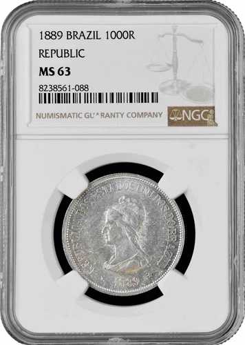 ブラジル 1000 リセウ 1889、NGC MS63、「第一共和国（1889 - 1942）」銀貨 -