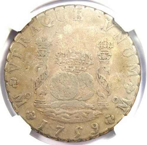 1759年メキシコピラードル8レアル銀貨（8R） - NGC XF認定詳細