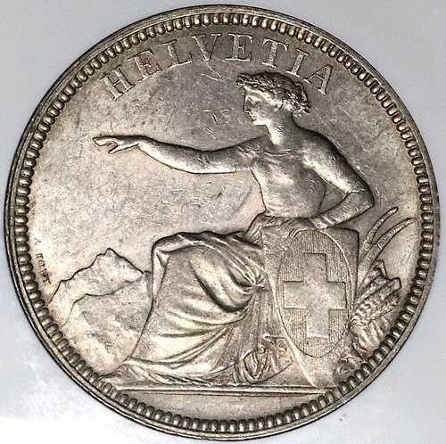 1874-B NGC AU 58 スイス 5フラン ベルン造幣局銀貨 (25051102C)