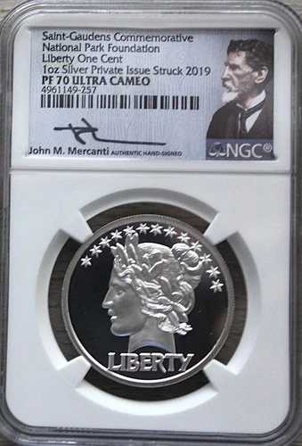 1907-2019 セントゴーデン リバティ 1セント NPF 1オンス 銀貨 NGC PF70 UC MERCANTI 署名入り