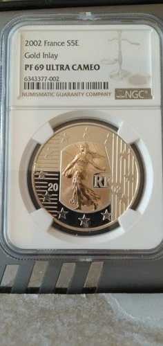 フランス 2002年「種蒔き人-金象嵌」バイメタル5E銀貨 NGC PF 69 UC