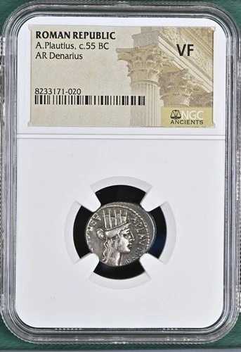 ローマ共和国 A. プラウティウス c.紀元前 55 年 AR デナリウス NGC VF