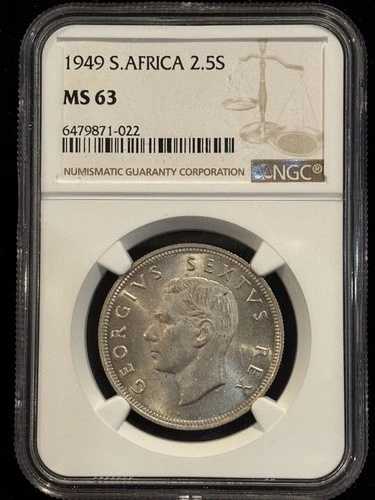 南アフリカ 2.5シリング 1949 KM#39.1 発行枚数1,891枚 NGC MS63 UNC 希少 D1