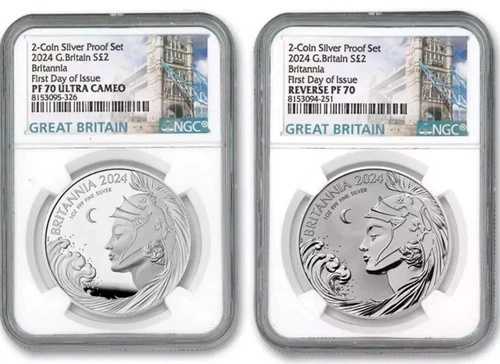2024年 英国 ブリタニア プルーフ＆リバースプルーフ NGC PF70 FDOI 2 x 1オンス シルバー