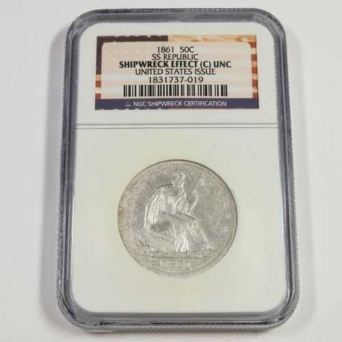 1861年 NGC UNC 難破船 SS リパブリック - シルバー シーテッド リバティ ハーフ ドル #49710A