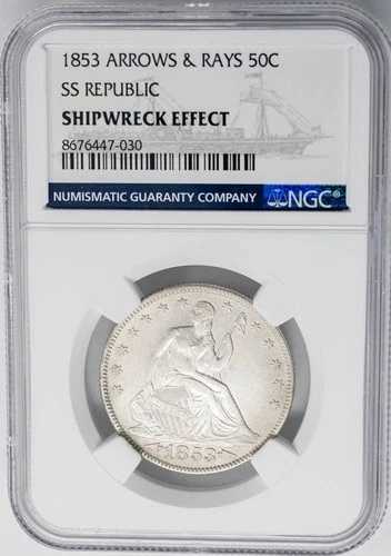1853年 着席自由の女神像 ハーフ50セント 矢と光線 SSリパブリック 難破船効果 NGC