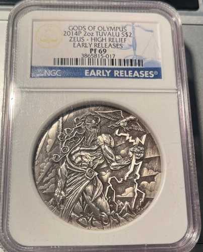 2014年 2ドル オリンポスの神々 ゼウス 高浮き彫り ツバル 2オンス 銀貨 NGC PF69