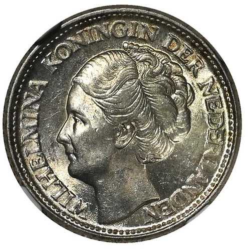 オランダ ウィルヘルミナ1世 25セント 1945-P NGC MS63 希少年号