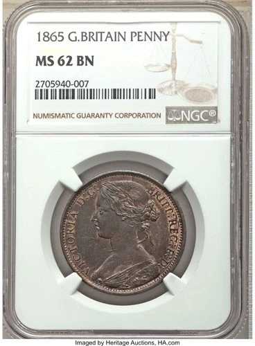 イギリス ヴィクトリア 1865年 ペニー 未流通 NGC MS62-BN 認定