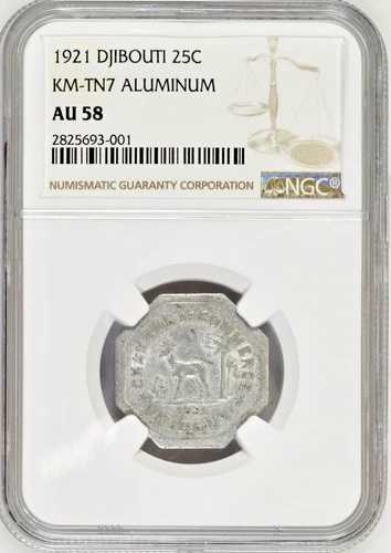 ジブチ 1921 Chambre De Commerce 25 セント トークン。 NGC AU58 レア