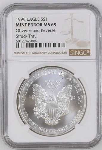 1999 1オンス シルバーイーグル NGC MS 69 ミントエラー 表裏 打痕あり