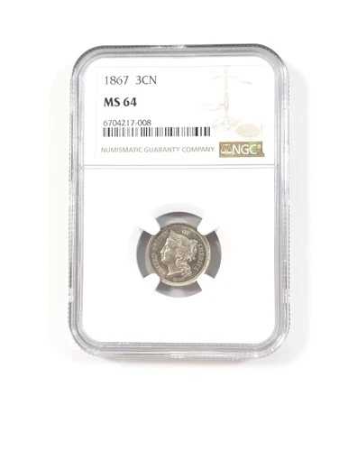 1867年 3セントニッケル 3CN クラッシュダイス NGC MS64 PQ+