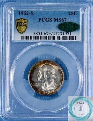 1952-S ワシントン クォーター PCGS MS67+ CAC 付き - 魅力的な周辺トーン!