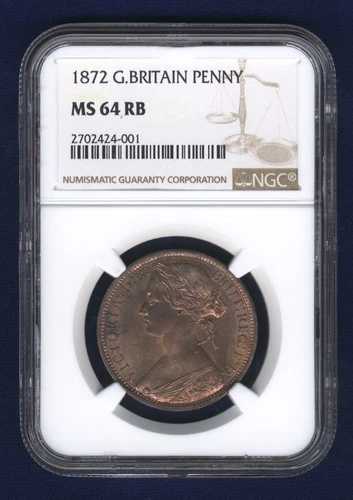 イギリス ヴィクトリア 1872年 ペニー貨、未流通、NGC MS64-RB認定
