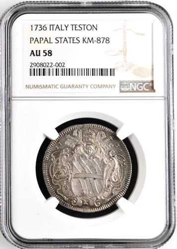1736年 イタリア教皇領テストーネ、NGC AU 58、KM-878、30 バイオッキ、イタリア