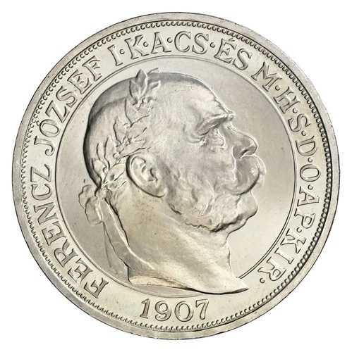 1907年、ハンガリー。プルーフ・リストライク・シルバー5コロナ貨幣。最高のポップジェム！NGC PF68カメオ！