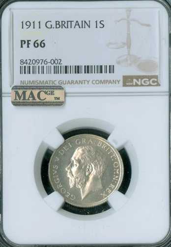 1911年 イギリス 銀貨 1シリング ジョージ5世 NGC PF66 MAC スポットレス 2ND PHINES 。