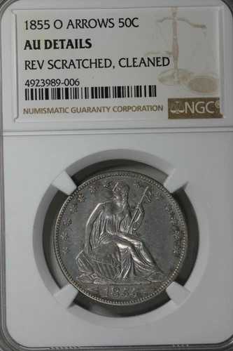 1855 O 50C NGC 矢 AU 詳細、裏面に傷あり、クリーニング済み 自由の女神半座像