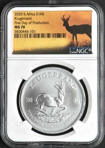 2020年南アフリカ1オンスランド銀貨 NGC MS 70 製造初日