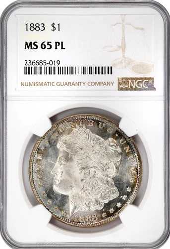 1883年モルガン・ダラー、NGC MS-65 PL、美しい周辺部の色合い！非常に魅力的なコインです！