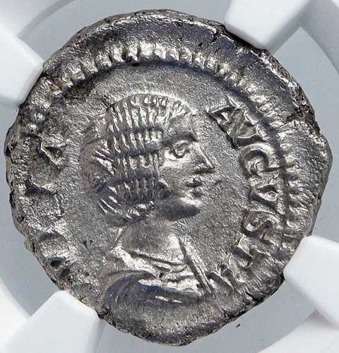 JULIA DOMNA 本物 古代 205AD 銀ローマコイン オールドキュベレライオン NGC i89142
