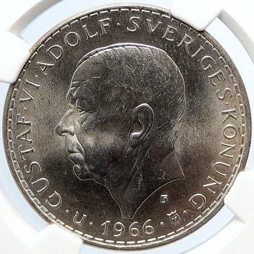 1966 U スウェーデン国王 グスタフ 6 世 アドルフ議会 シルバー 5 クローナ コイン NGC i105670