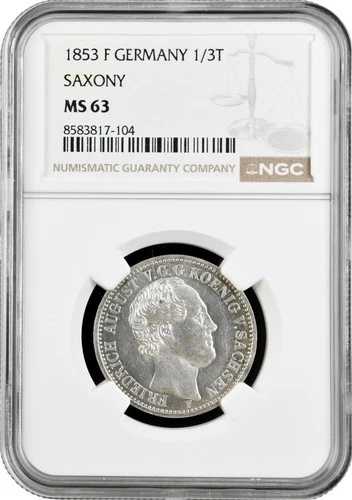 ザクセン 1/3ターラー 1853 F、NGC MS63、「フリードリヒ・アウグスト2世（1836年 - 1854年）」