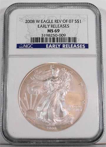 2008-W 2007-W 1ドル 1オンス バーニッシュド シルバー イーグル NGC MS 69 アーリーリリースの裏面