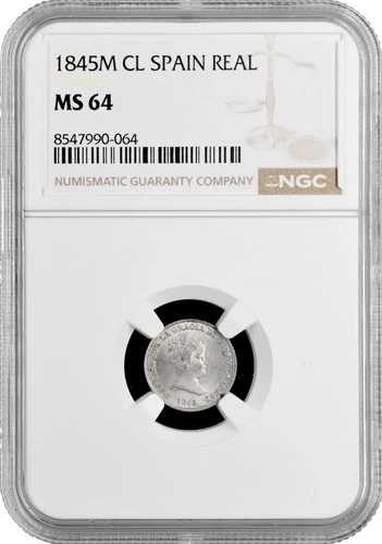 スペイン 1レアル 1845 M CL、NGC MS64、「イサベル2世女王（1847 - 1864）」トップポップ 2/0