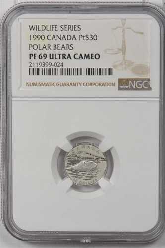 カナダ 1990年 30ドル プラチナ NGC プルーフ 69UC ホッキョクグマ 0.1オンス プラチナ 野生動物シリーズ