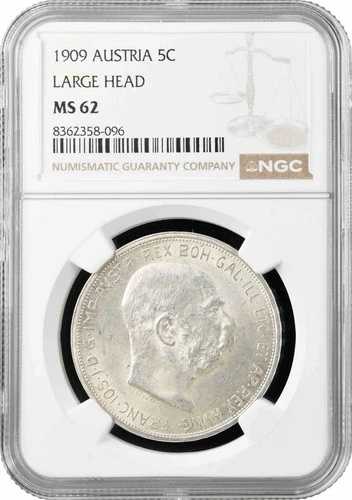 オーストリア 5コロナ 1909、NGC MS62、「皇帝フランツ・ヨーゼフ1世（1848 - 1916）」