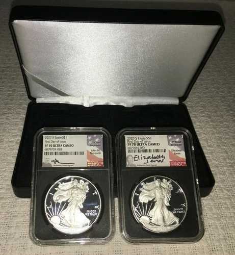 2020 S $1 1オンス シルバーイーグル PF70 UCAM FDOI 2枚セット Mercanti & Jones サイン入り