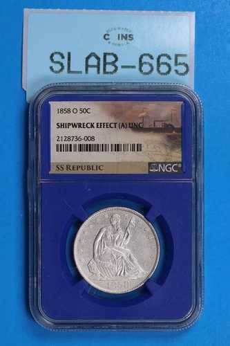 1858-O 50セント 自由の女神像 銀貨 ハーフドル NGC 難破船効果 A UNC SLAB-665