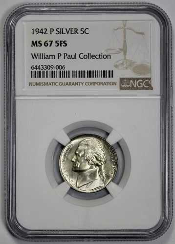 1942-P ジェファーソン銀貨 5セント ウォーニッケル NGC MS 67 5ステップ