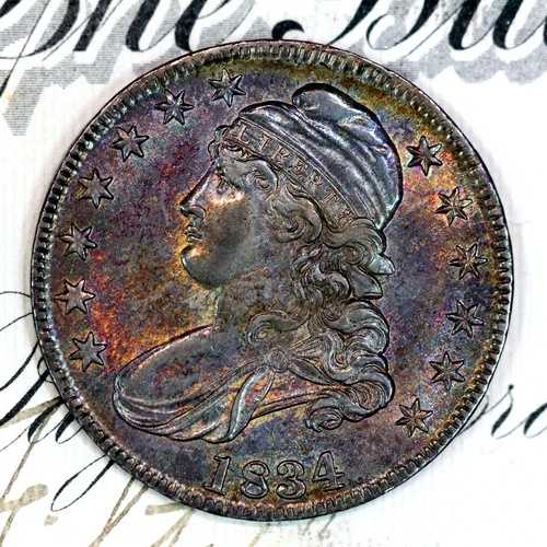 1834年 キャップ付き胸像 ハーフドル NGC AU 詳細 色調