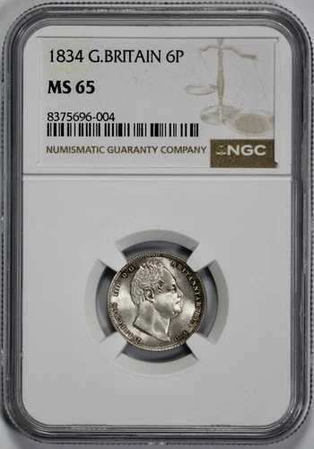 1834年 イギリス 銀貨 6ペンス NGC MS 65