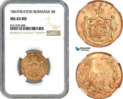 AJ312、ルーマニア、カロル1世、1867年5月、ヒートンミント、NGC MS65RD