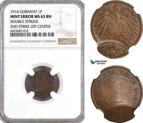 AH312、ドイツ、ヴィルヘルム 2 世、1 フェニヒ 1914、ミント エラー、NGC MS63BN
