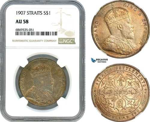 AJ033、海峡植民地、エドワード7世、1ドル、1907年、ロンドン造幣局、NGC AU 58