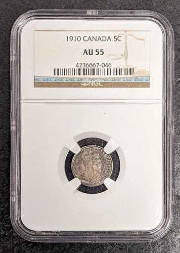 1910年 カナダ 銀貨 エドワード7世 5セント メープルリーフまたはラウンドリーフ NGC AU 55｜WORLD RESOURCE【QUEEN店】
