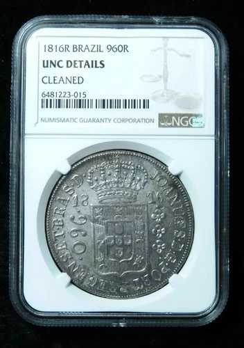 1816R ブラジル 960 レイス ラージシルバーコイン - NGC UNC 詳細 - レアルの上に刻印