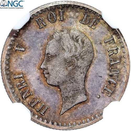 [#485704] フランシア、アンリ 5 世、1/4 フラン、1832 年、プラタ、NGC、MS64、ガドゥリー:354、KM:2