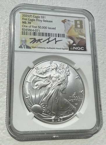 2025(P) シルバーイーグル プライベート NGC MS70 ファースト50000; マーク・ザルツバーグ直筆サイン入り