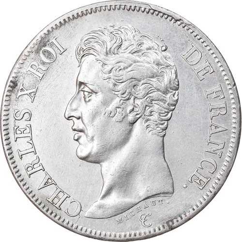 [#874358] コイン、フランス、シャルル10世、5フラン、1825年、バイヨンヌ、AU、銀、KM:720.8