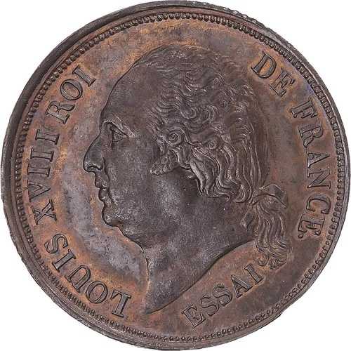 [#344269] コイン、フランス植民地、ルイ 18 世、5 サンタイム、1824 年、パリ、ESSAI、MS