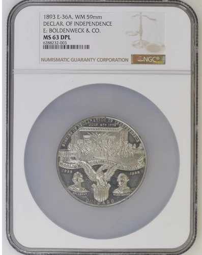 1892-93年シカゴ・コロンビア万博 独立宣言 - 58mmメダル E-36A、NGC MS 63DPL