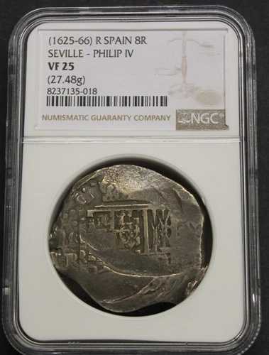 1625-66年 フィリップ4世 8レアル コブ セビリア NGC VF25 鑑定士 R 銀貨 植民地時代