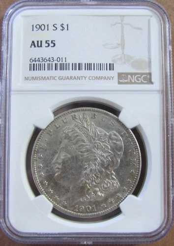 1901 年代 モーガン シルバー ダラー - NGC AU55 - 難あり日付の素敵なコイン - 送料無料!!