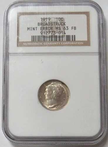 1919年 マーキュリー シルバー ダイム エラー ブロードストラック コイン NGC ミント ステート 63 フルバンド
